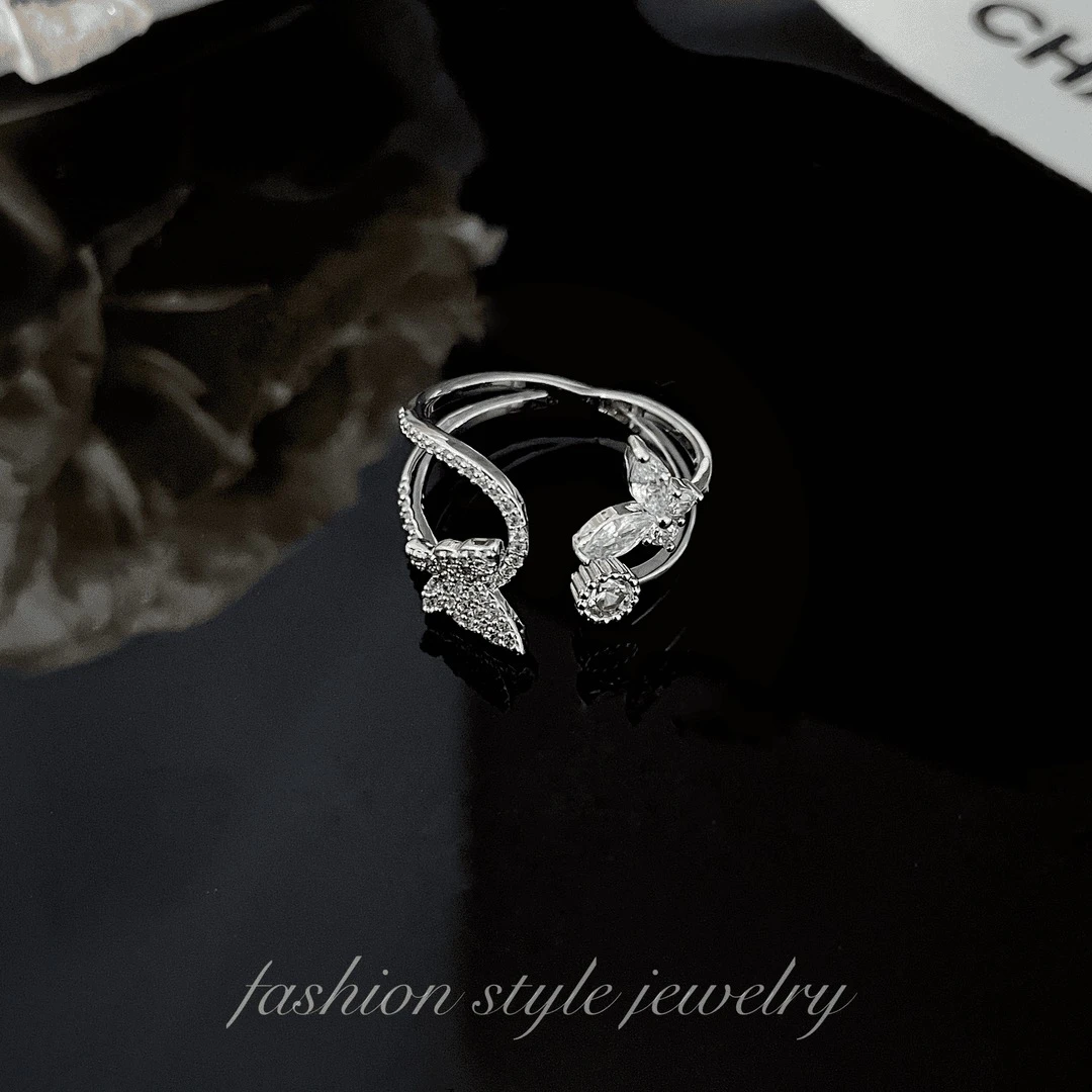 铜合金合成锆石戒指  轻奢简约质感蝴蝶开口戒指D006