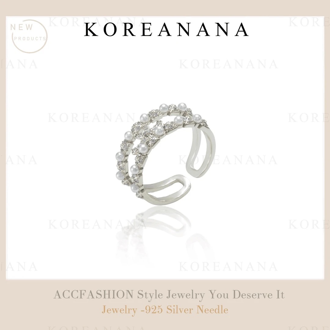 铜合金合成锆石戒指  轻奢个性两排珠珠锆石开口戒指D062