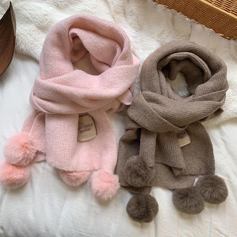 韩系围巾2024新款圣诞节围巾毛线针织温柔风仿羊绒带毛球围巾