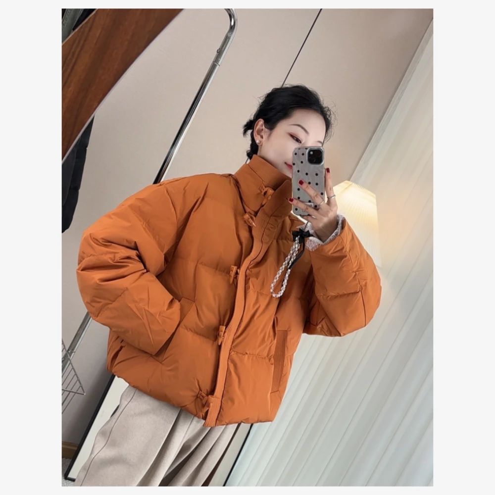 立领加厚保暖白鸭绒羽绒服女2024冬季新品南瓜色短款面包服外套