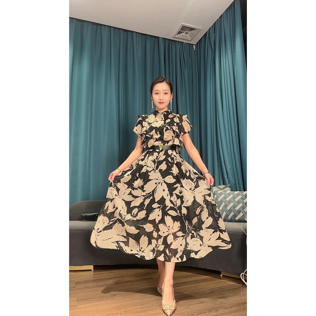 【商场高货】 橘灯雾霭印花泡泡袖气质连衣裙大摆+腰带6198