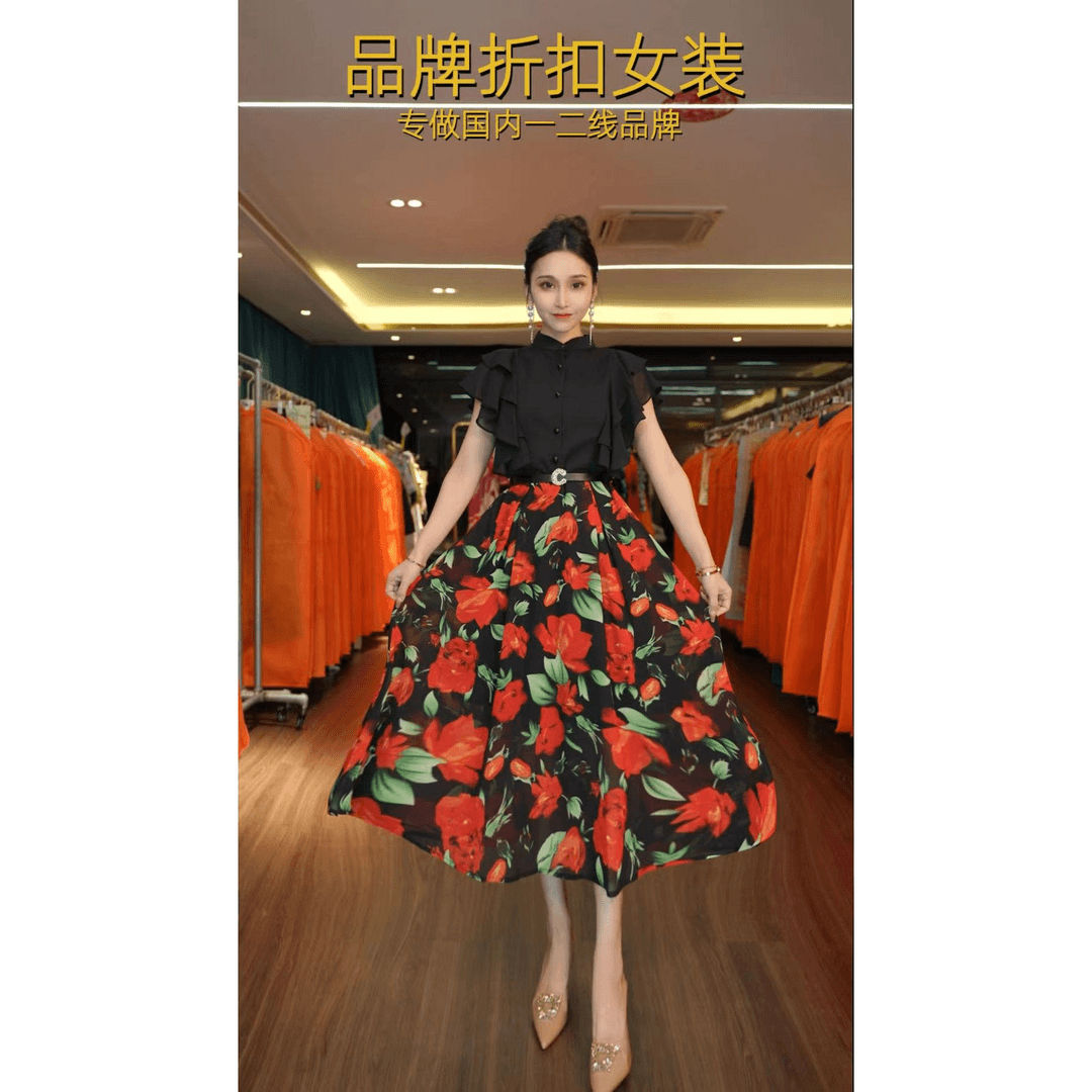 【退换货补运费】浪莎 人间富贵花夏季印花大摆女装连衣裙+腰带6206