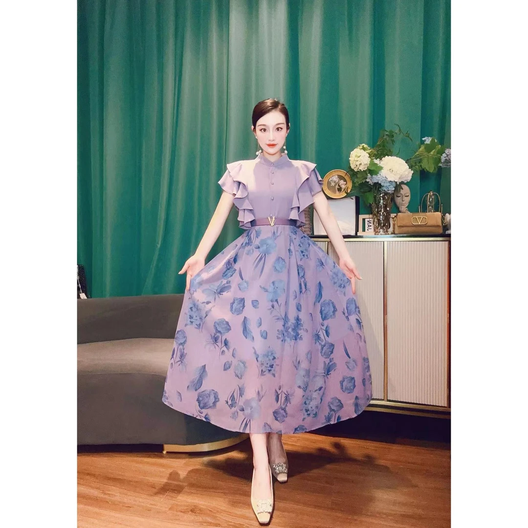 【商场高货】 印花优雅紫色大摆女装女装连衣裙+腰带6211