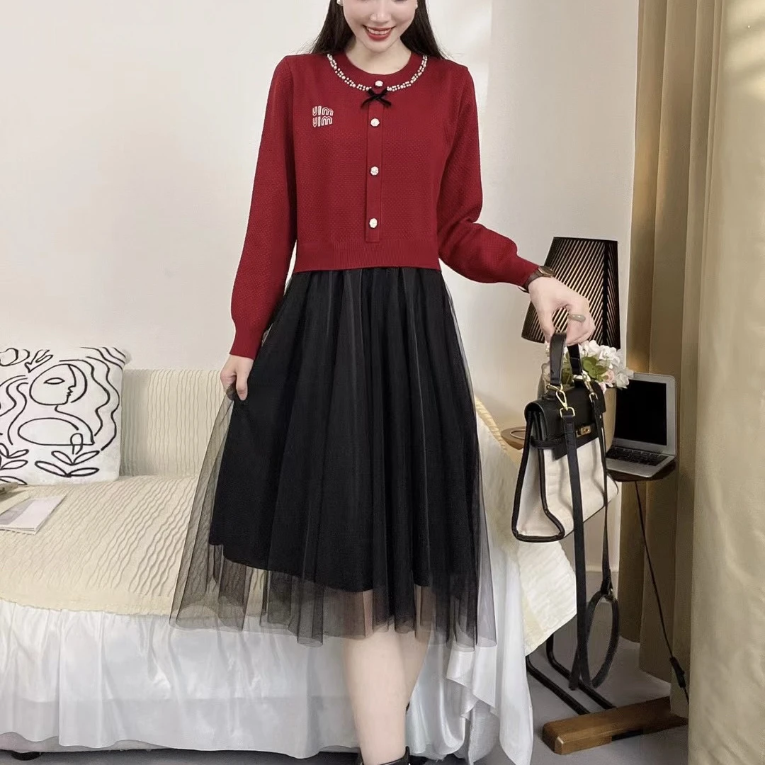 秋冬针织圆领字母连衣裙女洋气气质减龄网纱羊毛百搭裙子