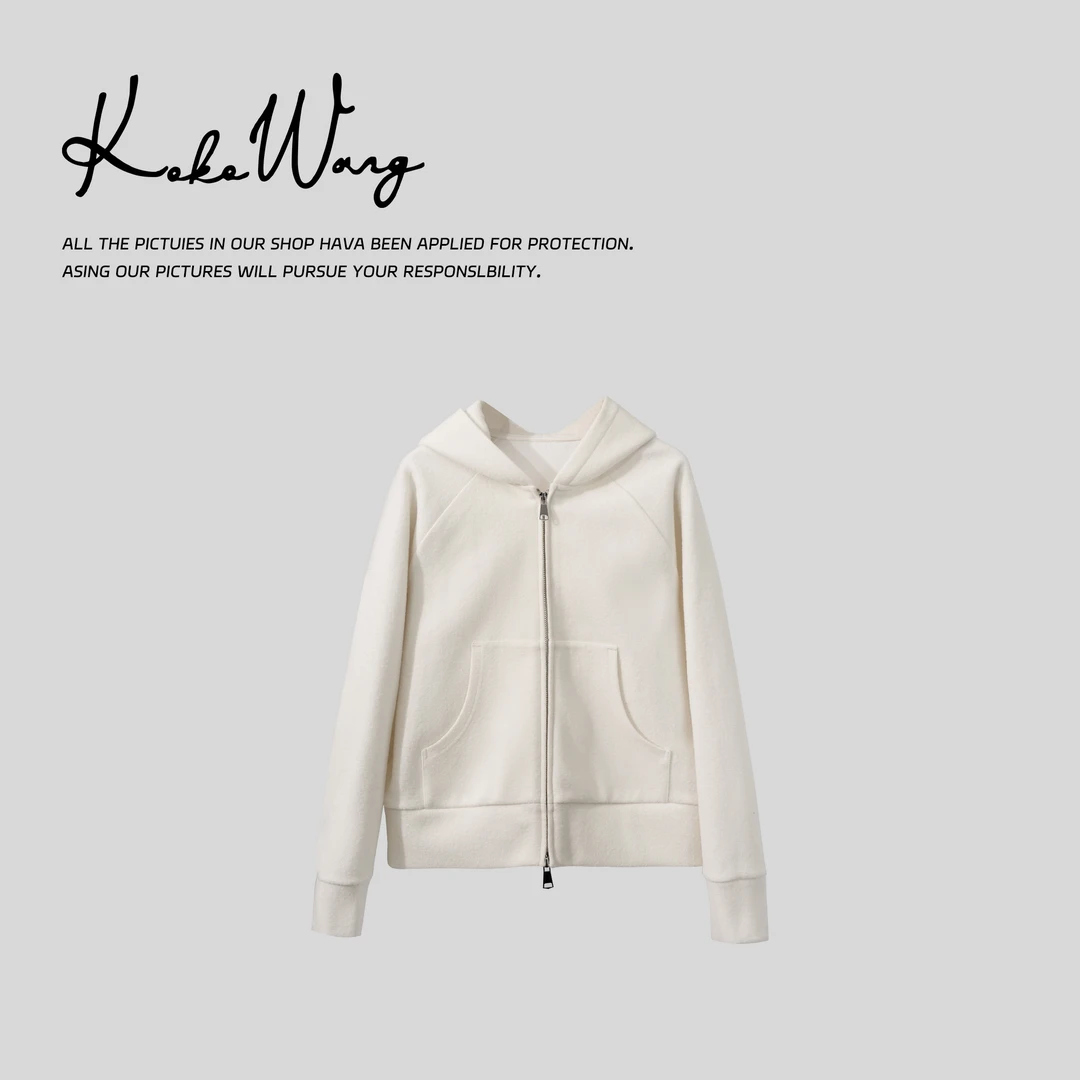 KOKO WANG秋季新款羊毛混纺休闲显瘦连帽上衣开衫412444I28W42