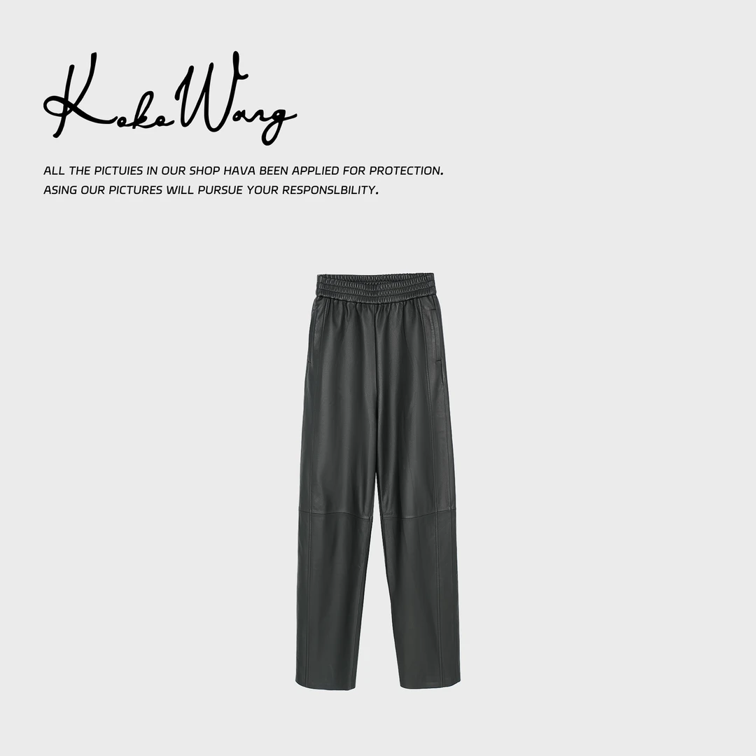 KOKO WANG红人上新进口羊皮松紧高腰显瘦弯刀皮裤540684J30K41