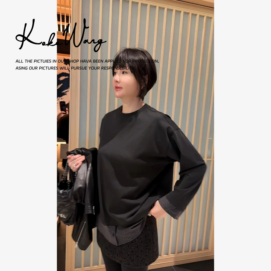 KOKO WANG格纹拼接假两件圆边长袖休闲显瘦上衣打底541534K25T53