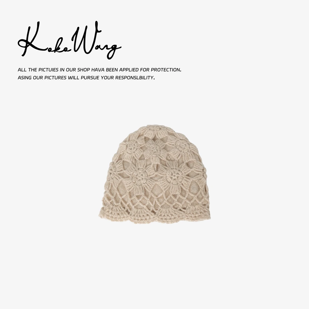 KOKOWANG 100羊绒纯手工双层勾花保暖百搭修饰针织帽545354K23S44