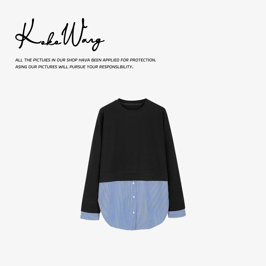 KOKO WANG红人上新假两件圆边长袖休闲时尚打底上衣412444J29T41