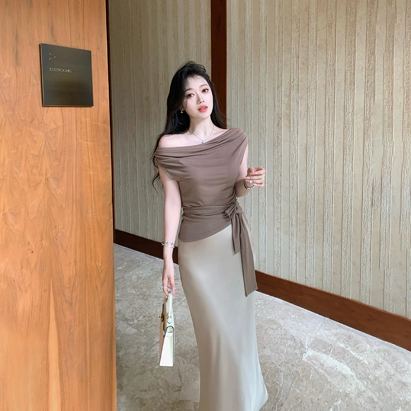 林关关 荡领T恤女法式气质独特超好看斜肩一字肩修身上衣-61845