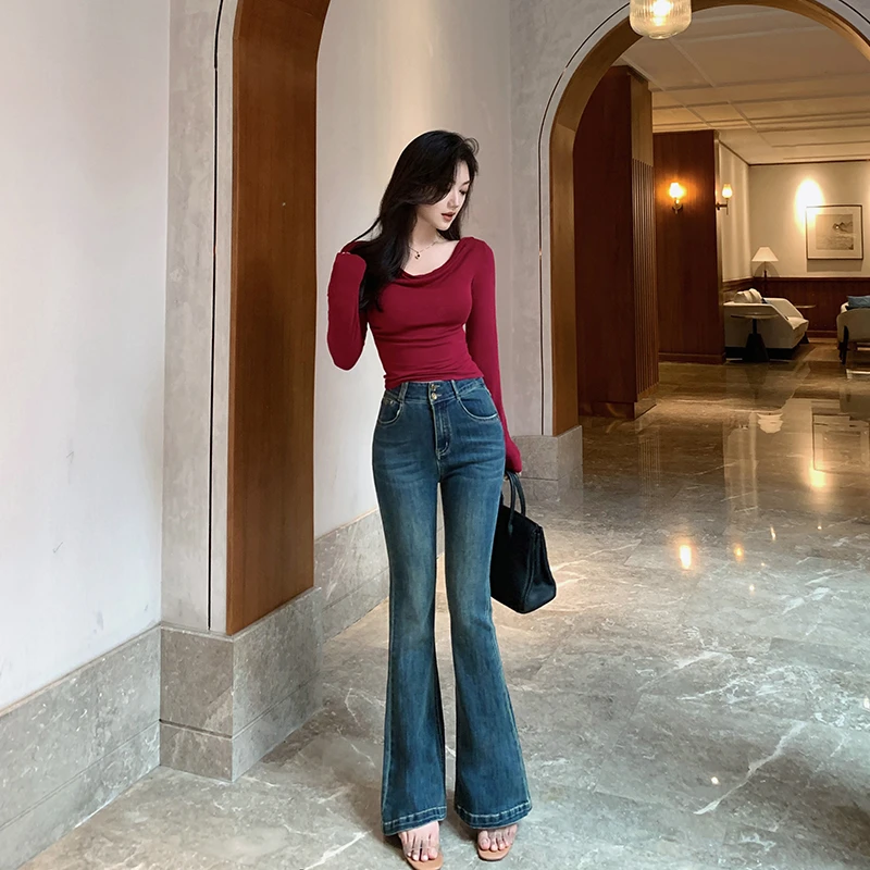 林关关   深蓝色微喇裤软牛仔裤女-A40089