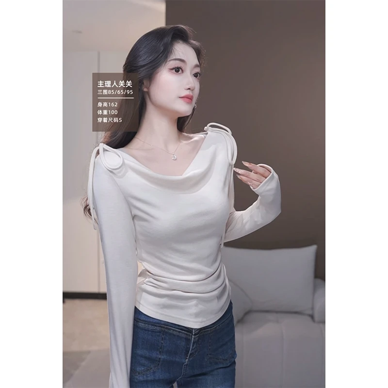 林关关 修身紧身早秋长袖T恤女设计感小众绑带上衣打底衫Y52912