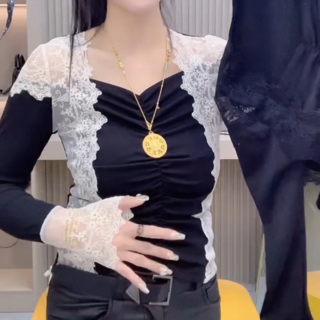 811款秋冬蕾丝拼接长袖打底衫修身显瘦气质百搭上衣