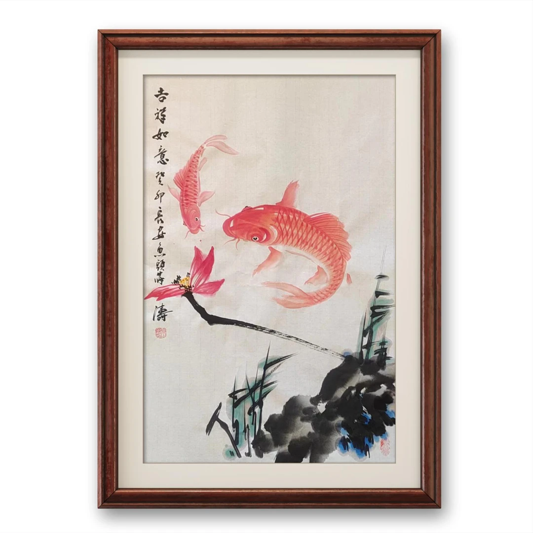 《吉祥如意》长安鱼头薛涛手绘真迹年年有余国画鲤鱼花鸟画家艺术家
