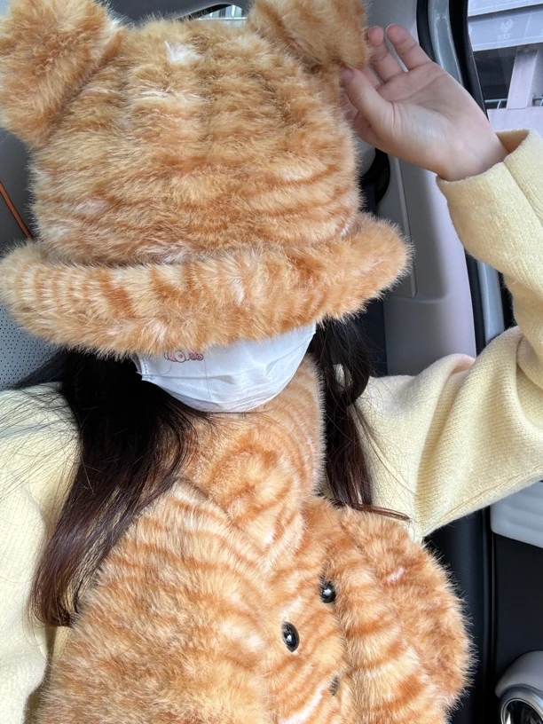 可爱小熊耳朵老虎帽毛绒绒女渔夫帽豹纹防寒保暖围巾围脖卡通加厚