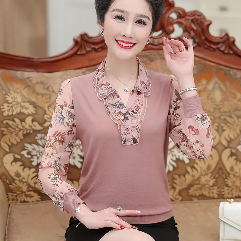 妈妈装洋气长袖T恤 中年女夏装针织小衬衫衣服中老年人穿春秋打底