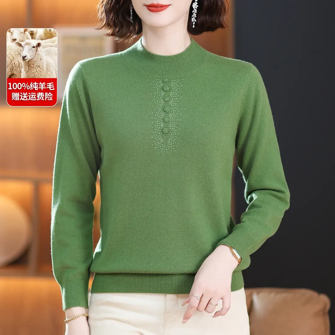 100%纯羊毛衫妈妈装秋冬半高领毛衣洋气减龄中老年女母亲衣服高贵