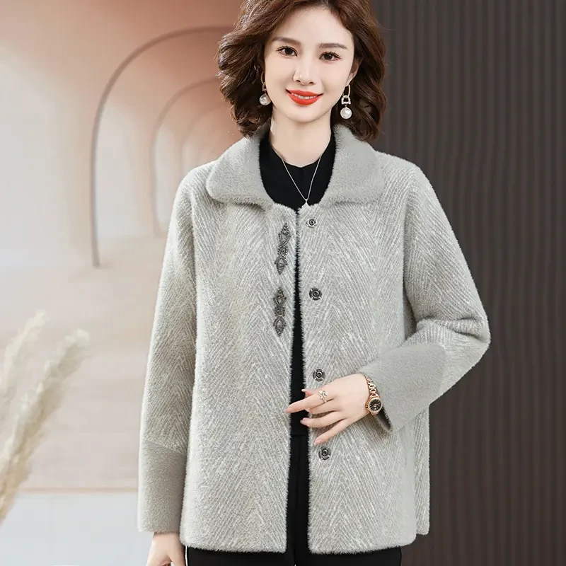 妈妈秋冬新款水貂绒外套时尚洋气中老年人女装毛呢子气质上衣加厚