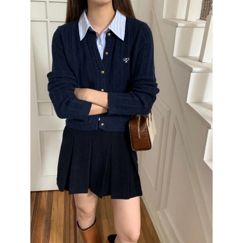 安小落秋POLO领假两件毛衣开衫高腰百褶半身短裙显瘦气质两件套装