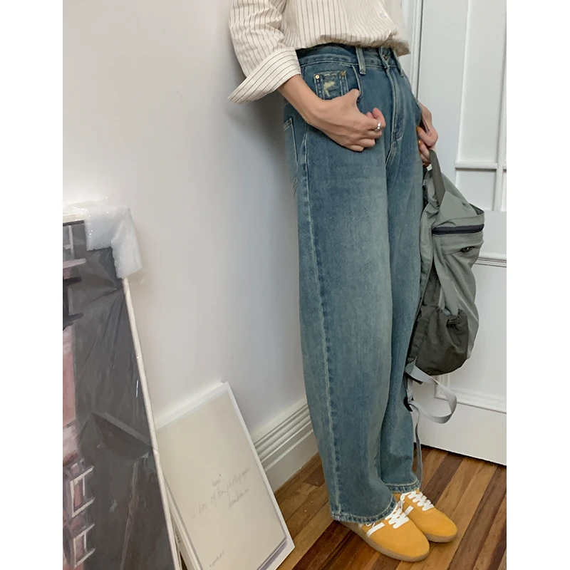 安小落 高腰牛仔裤女秋宽松2023年拖地直筒裤子复古显瘦阔腿长裤