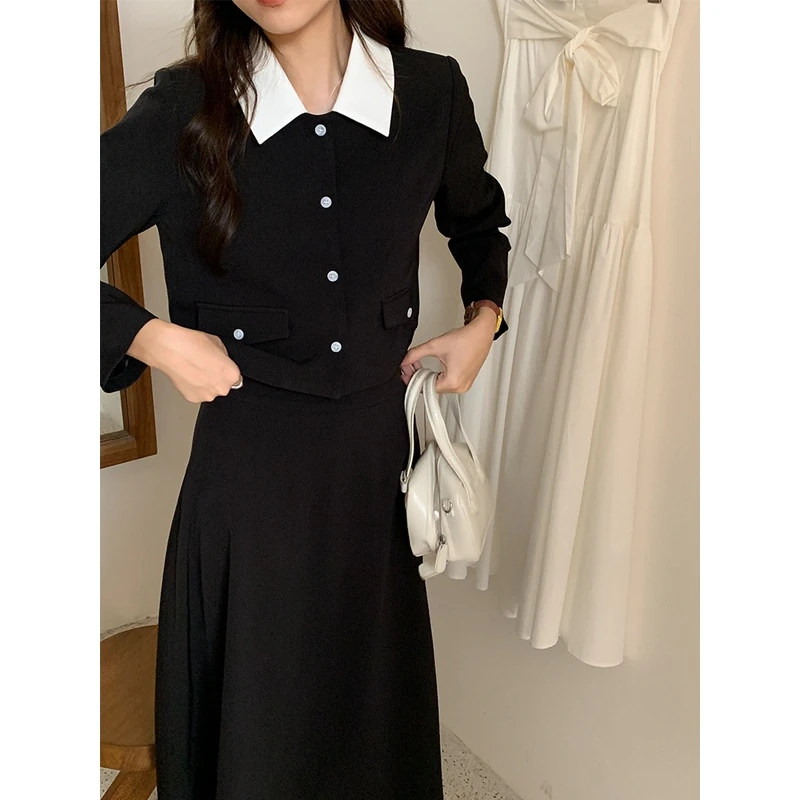 安小落法式桔梗两件套装撞色短上衣女小个子显高显瘦高腰半身裙秋