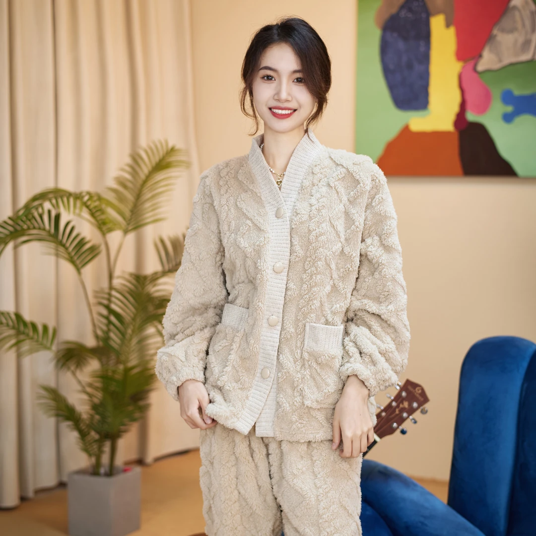 达芬奇密码咖啡拿铁长袖法兰长绒秋冬保暖宽松睡衣女家居服套装