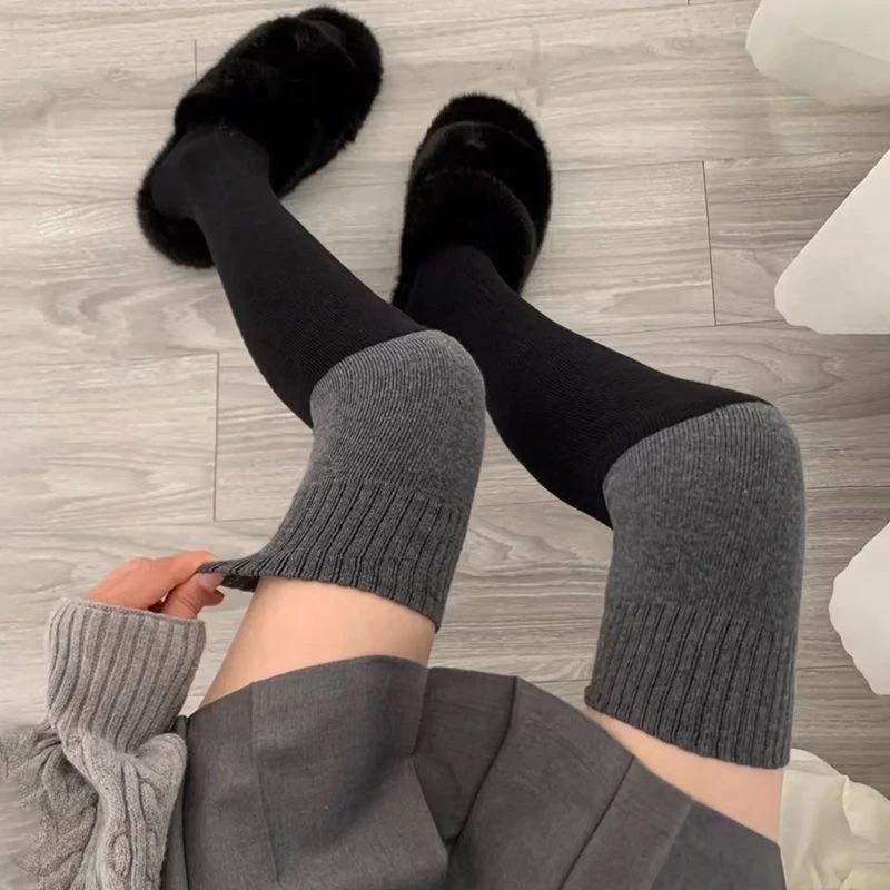 2024新款毛圈拼色过膝袜秋冬微压保暖加厚长袜女士厚棉袜
