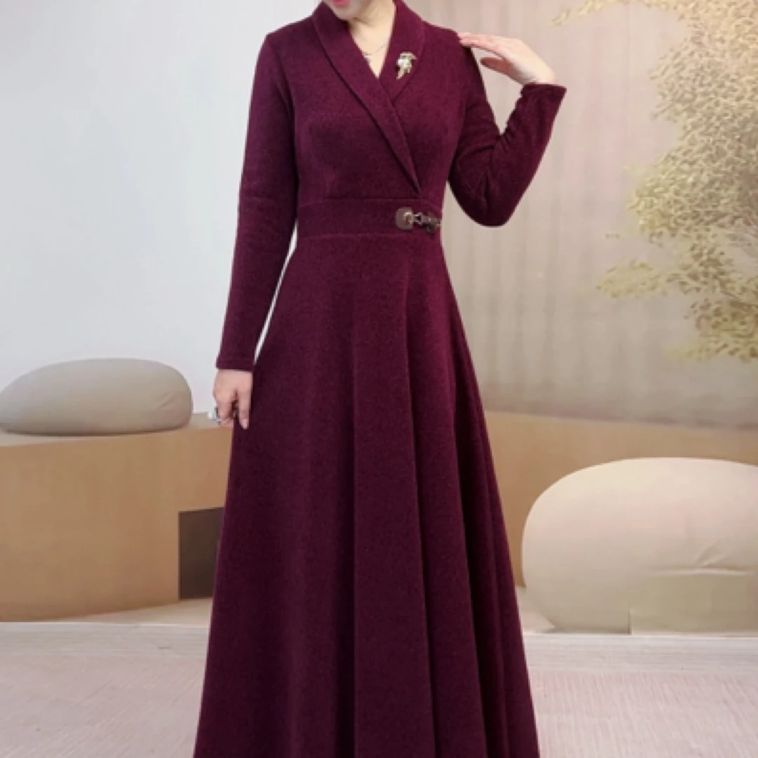 复古简约长袖连衣裙显瘦气质收腰大摆长裙紫色421-6147