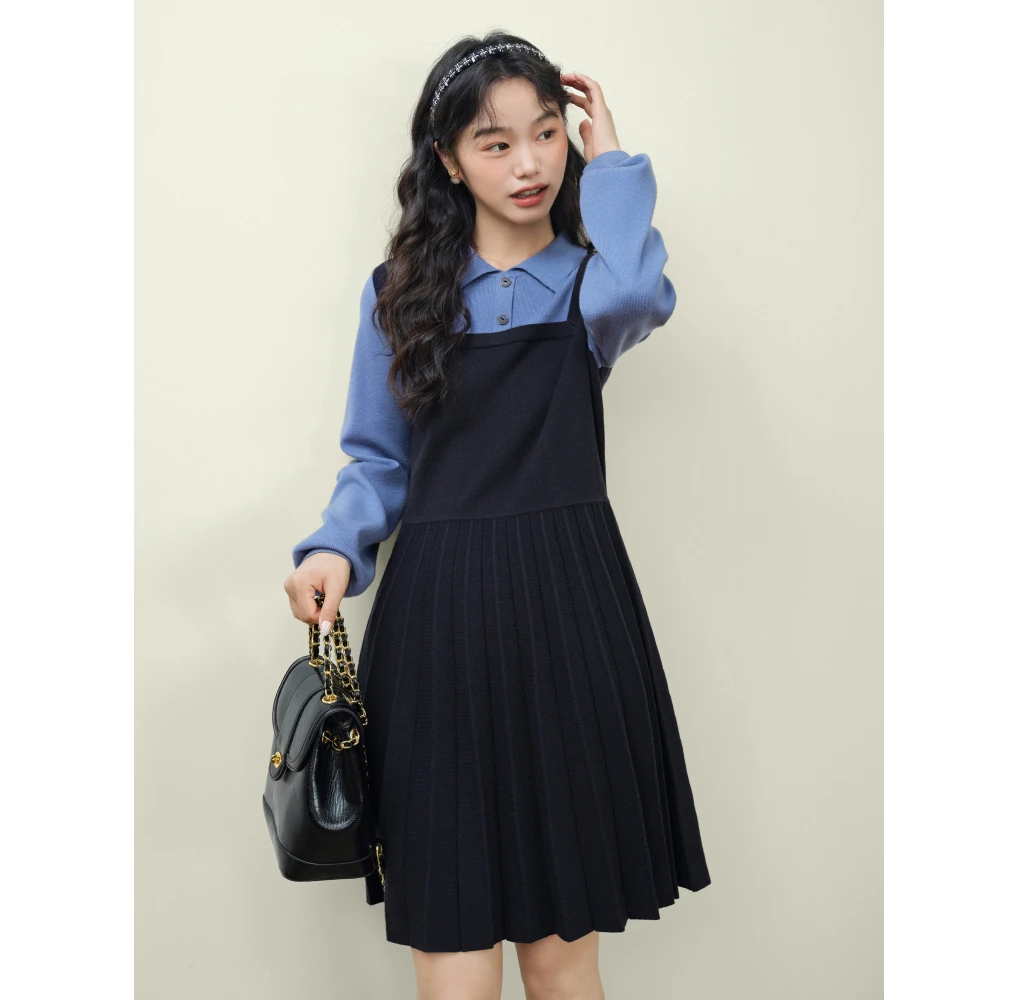 【蓝精灵】蓝色假两件毛衣针织长袖连衣裙女2024秋季新款a字百褶裙