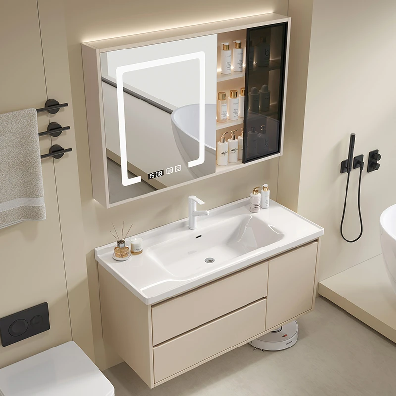 {松弛感-----奶咖色A77}简约陶瓷盆浴室柜实木卫生间洗漱台浴室柜