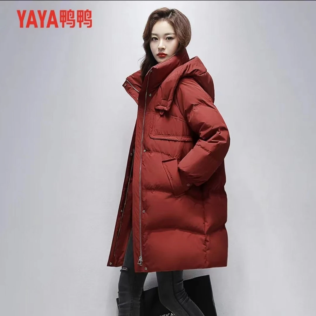 YAYA/鸭鸭YE2B623935L冬季保暖休闲时尚连帽羽绒服外套女中长款