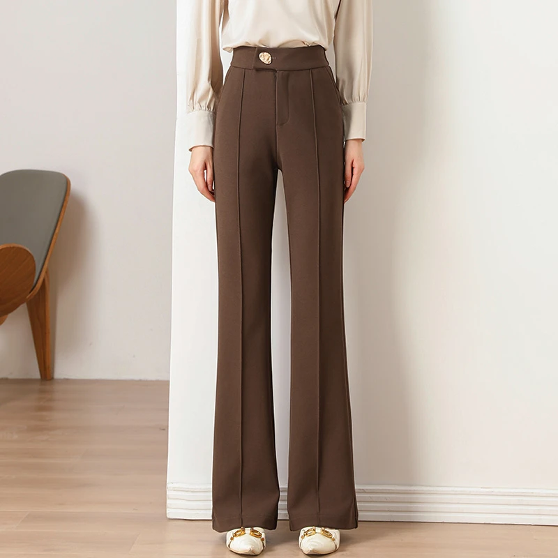 秋季时尚窄版高腰垂感显瘦微喇裤气质百搭直筒休闲裤女白色长裤子