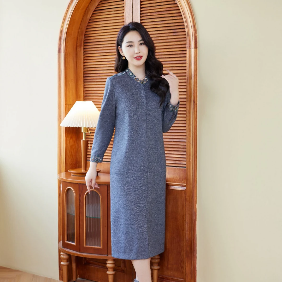 【七景超级太太】2024定制时尚气质轻奢显瘦长袖连衣裙 SL24196