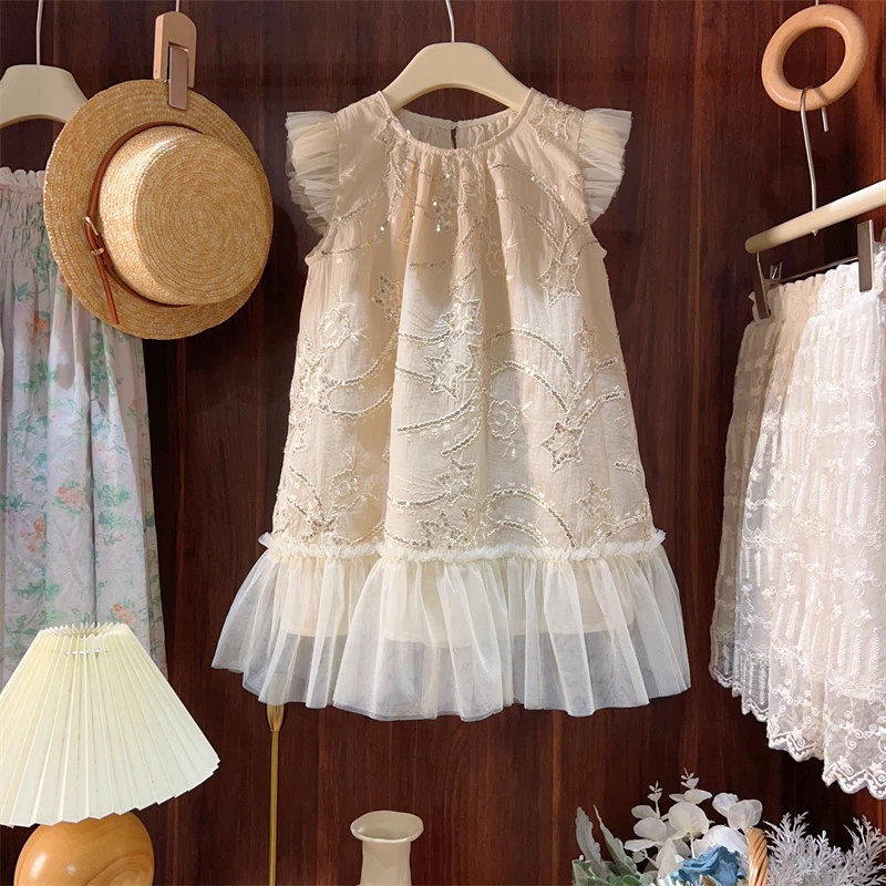 现货【流星】2024夏季新款9835女童蕾丝公主裙儿童洋气小飞袖连衣裙