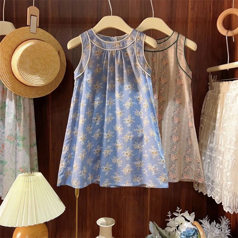 现货【花枝雅】2024新款夏装8794女童公主复古花色无袖连衣裙