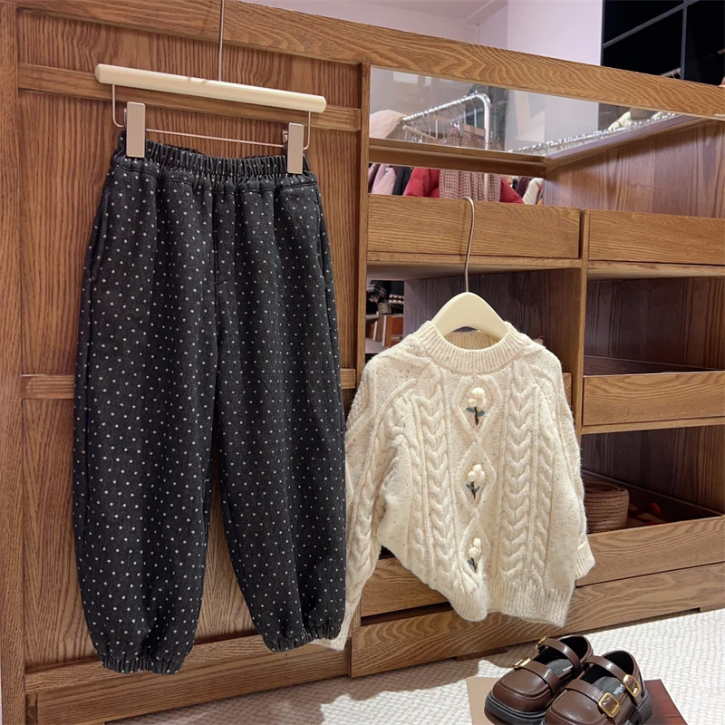 现货【米琳】100棉长裤4354加绒加厚一体绒女童时尚百搭波点裤子