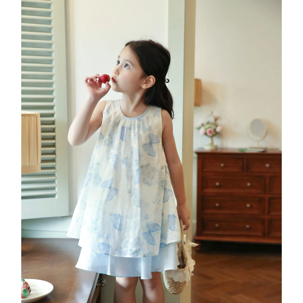 现货【蝶恋花】2025新款夏装9903公主女童蓝色蝴蝶洋气无袖连衣裙