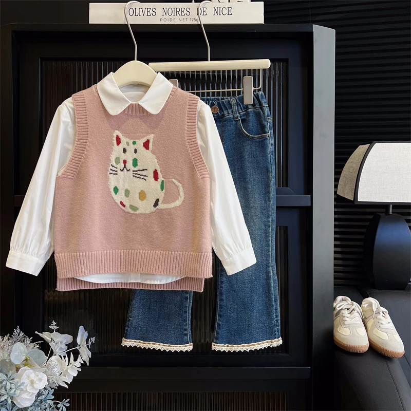 现货【猫咪马甲】4113高弹力女童秋冬毛衣马甲保暖性好柔软舒适