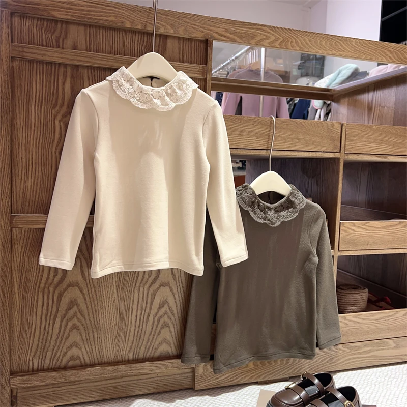 现货【奶冻】4803女童打底百搭舒适套头洋气花边领T恤高弹力不加绒