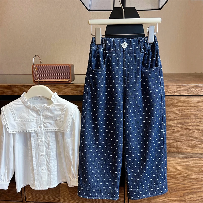 现货【弗恩】100%棉直筒牛仔裤长裤4224无弹力不加绒女宝秋季波点