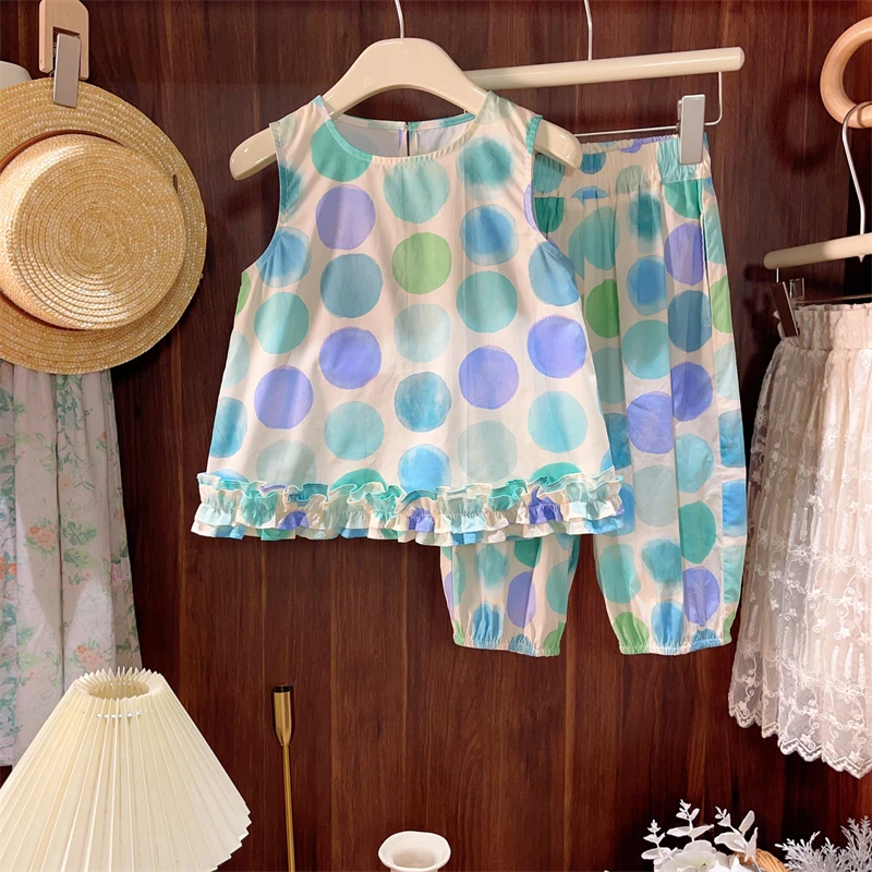 现货【泡泡糖】4127纯棉女宝百搭夏季背心宽松透气波点甜美无袖衬衫