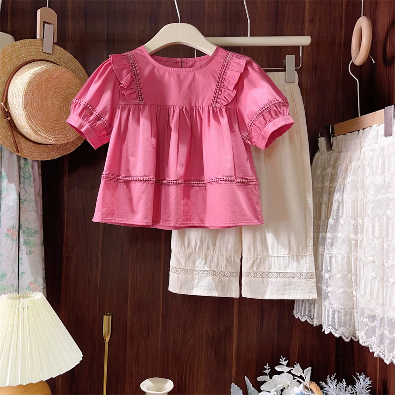 现货【火龙果】2024夏季新款3861儿童纯色短袖上衣女童百搭纯棉衬衫