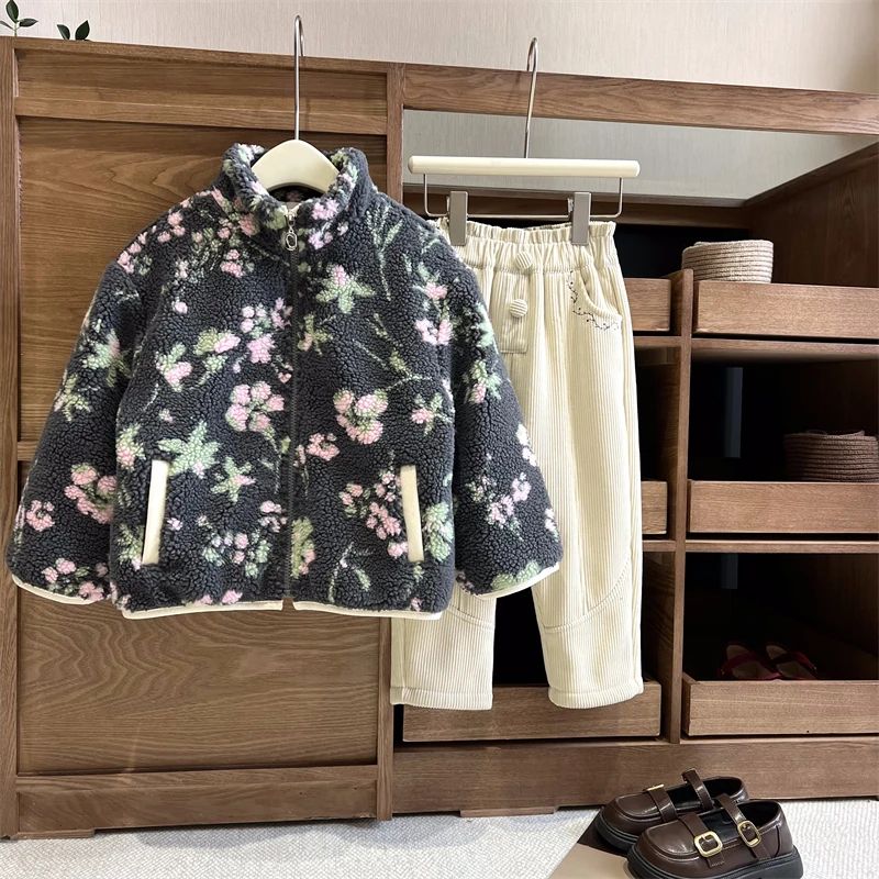 现货【冬霜】夹棉加厚4401女童洋气羊羔绒外套韩版保暖棉服冬款