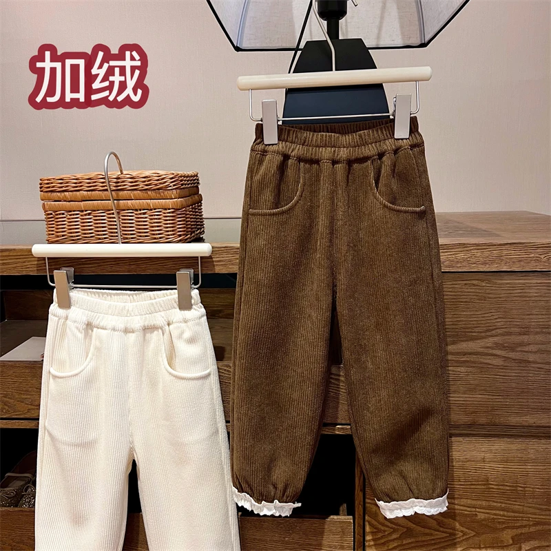 现货【麻薯】加绒加厚长裤4133女童2024冬装萝卜裤休闲百搭雪尼尔裤