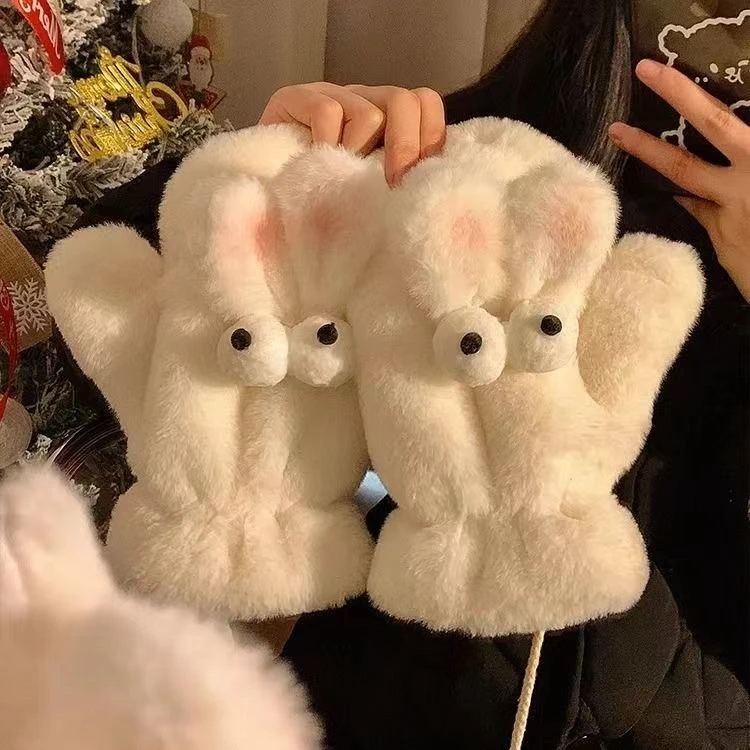 可爱兔子毛绒手套女冬季保暖加绒毛茸茸学生2024新款骑车防风防寒