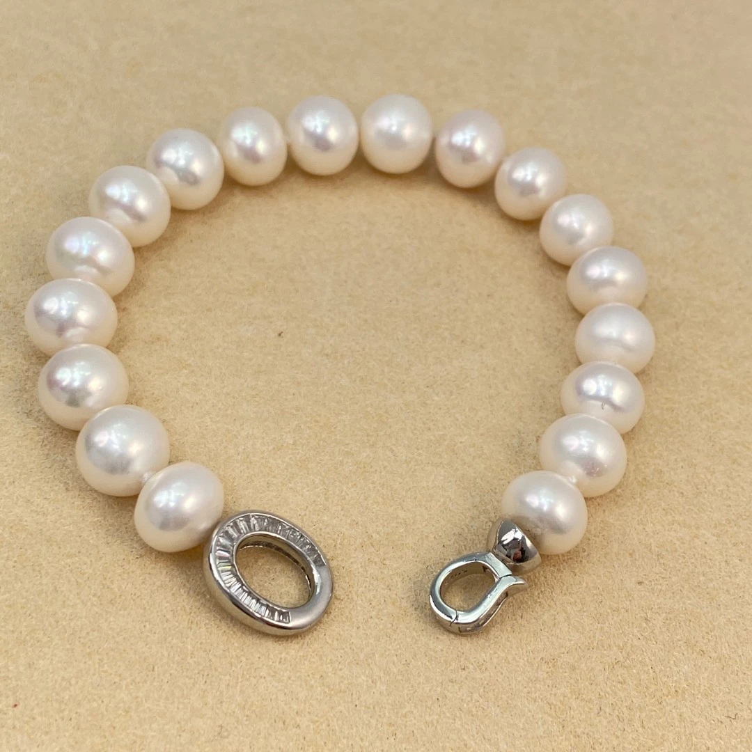 天然白色珍珠近正圆白珠9-11mm全珠经典百搭S925银扣优雅手链简约