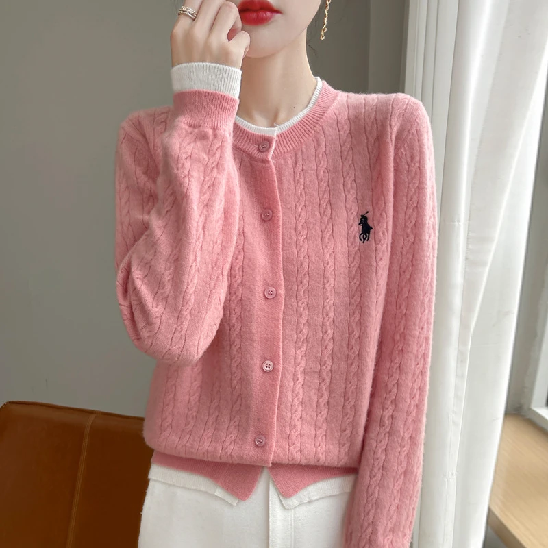 2024秋季新款女士针织衫安迪绒圆领开衫毛衣女拼色外套韩版批代发