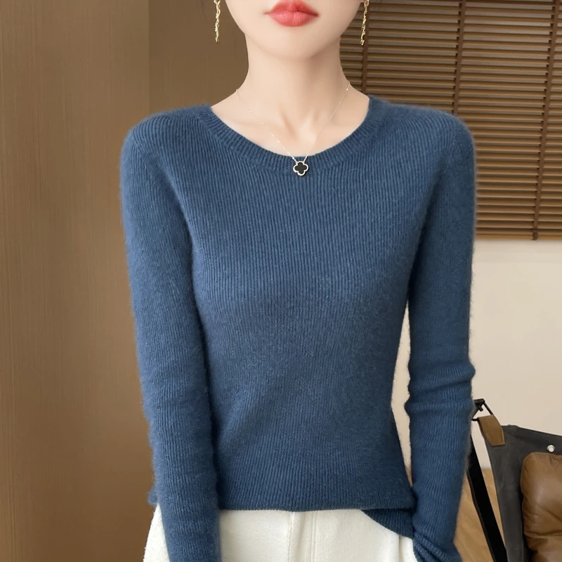24秋新款女士针织衫毛衣女低领圆领打底衫女修身一线成衣外贸批发