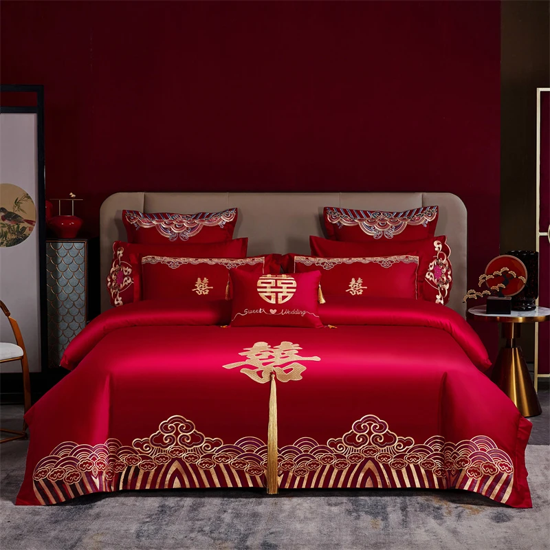 【喜结良缘】100%棉高密全棉长绒棉中式婚庆刺绣双喜简约婚床四件套