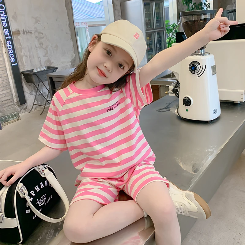 女童套装夏款2024新款儿童时髦洋气两件套大童条纹短袖小女孩童装